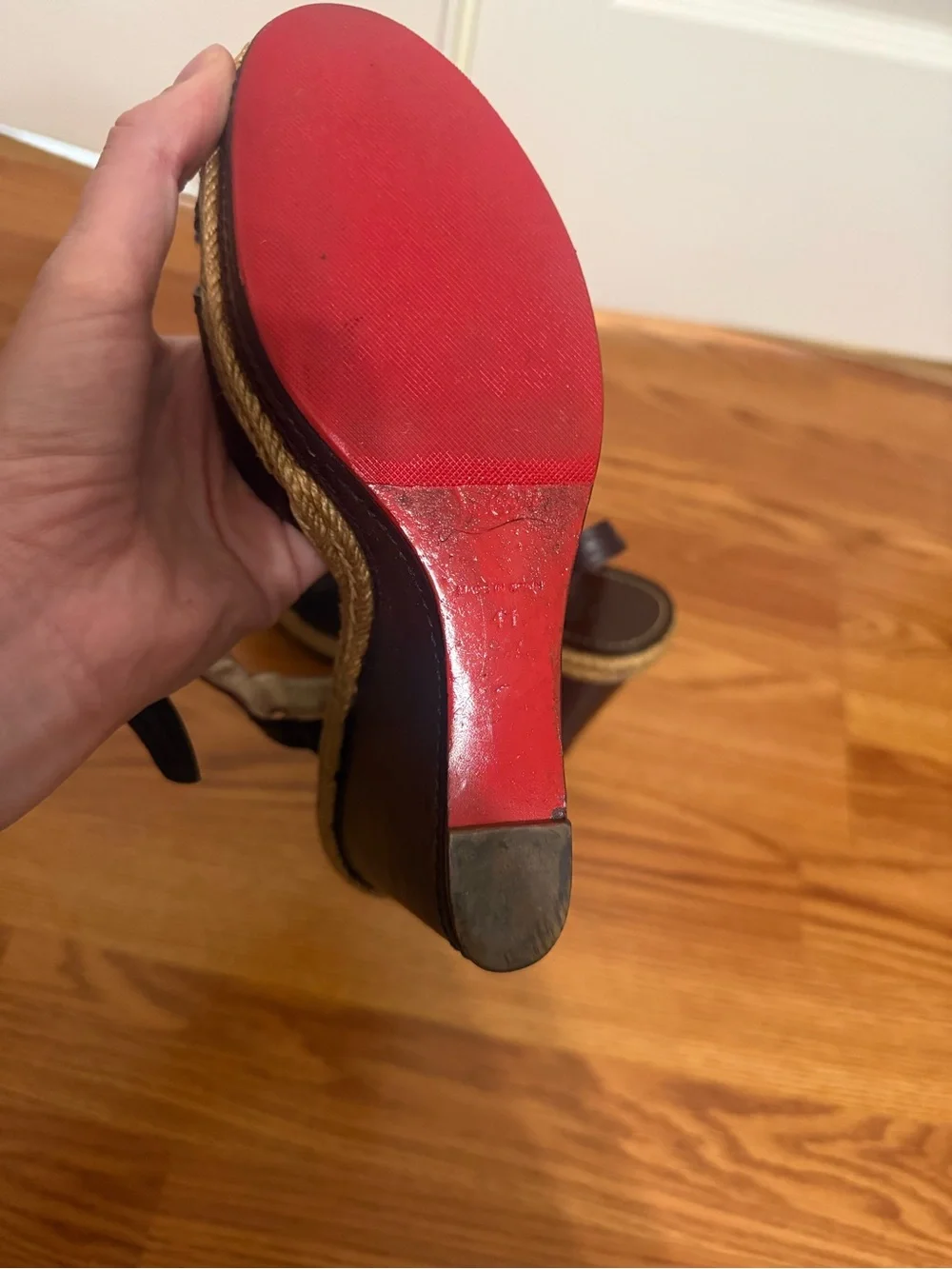 Christian Louboutin Dark Brown Leather Wedge Sandals with Rope Trim